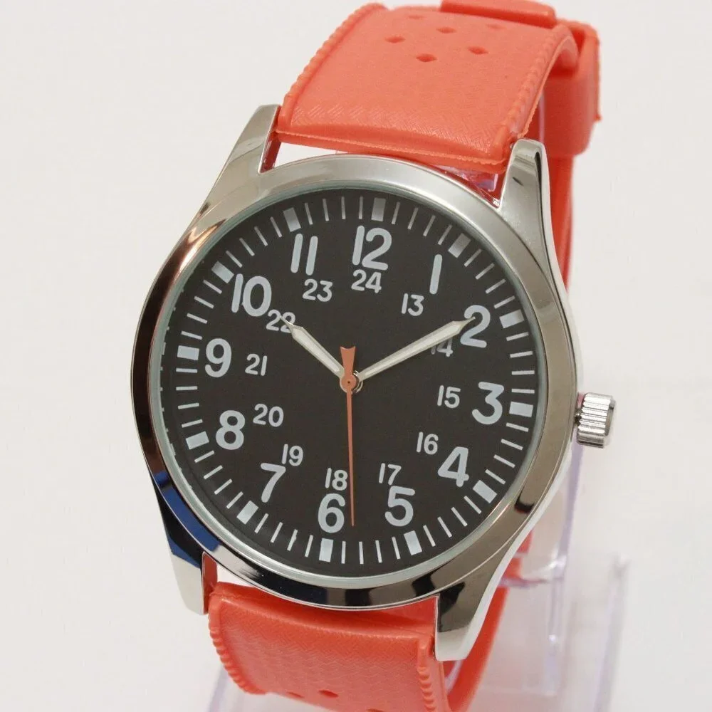 Men's Quartz Field Watch Silver Case Orange Tropical Rubber Strap 42mm